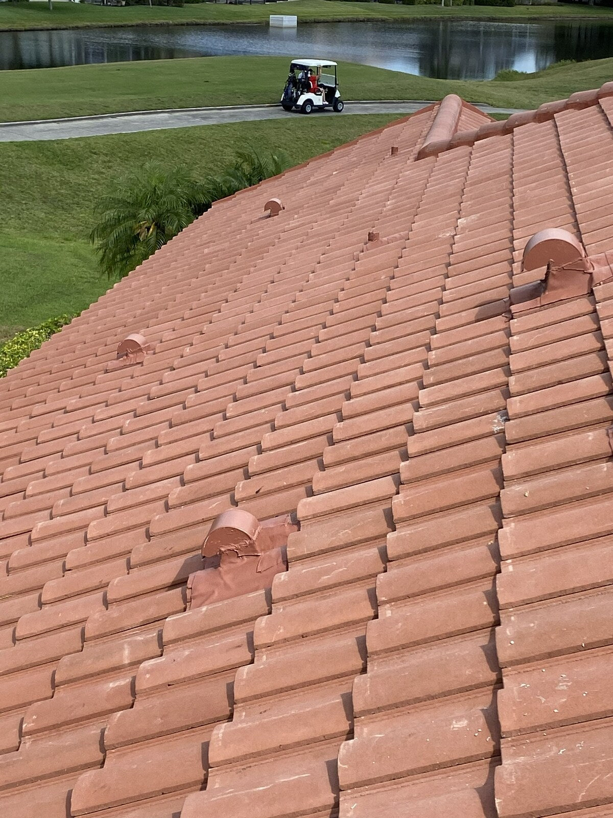 Completed concrete tile roof field and ridge tiles
