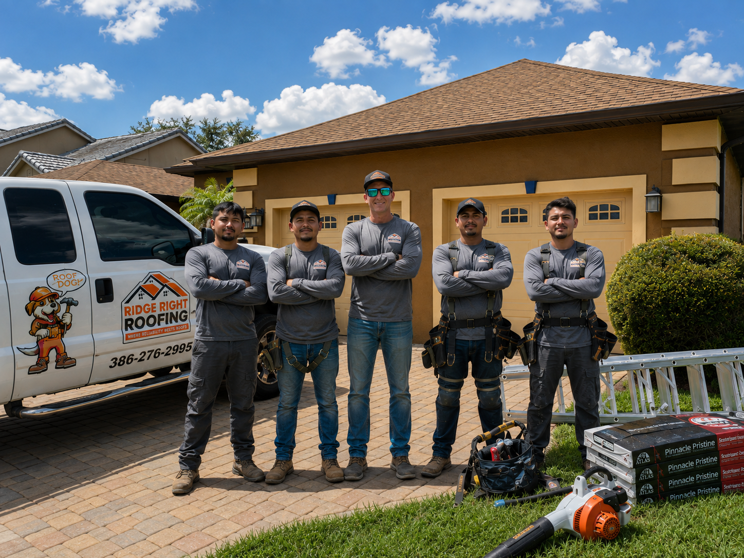 Ridge Right Roofing owner and roofing crew with the company truck in Port Orange, Florida