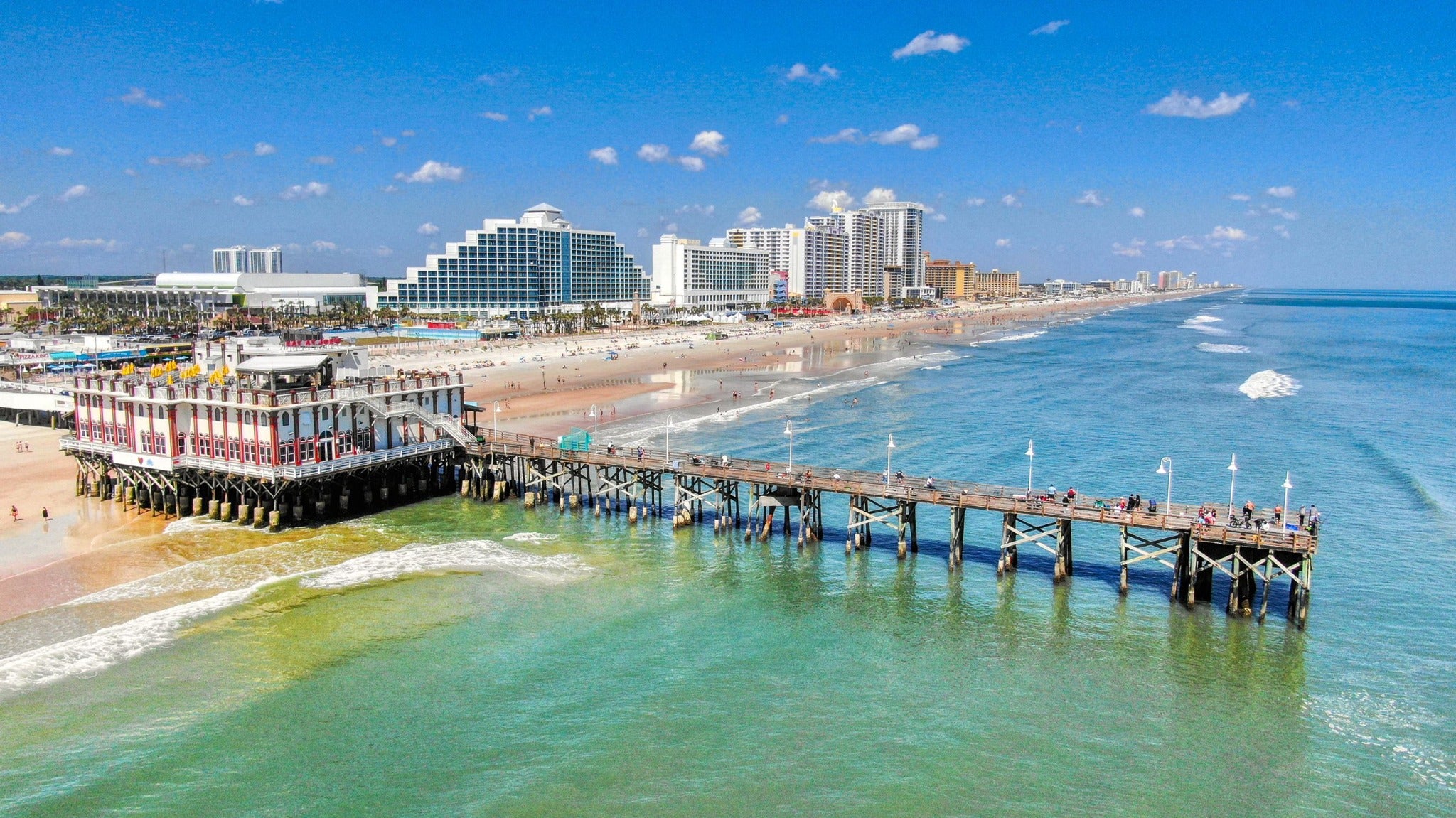 Daytona Beach pier, beachfront skyline and Atlantic coastline