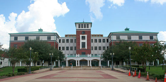 View of a Volusia County civic building and its landscaped plaza